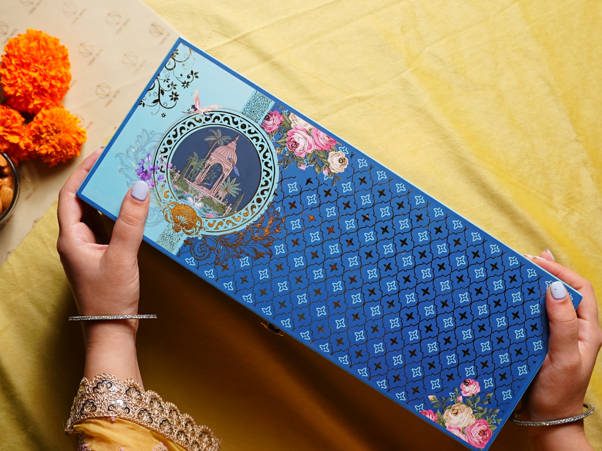 3D Diwali Blue Velvet Luxe Hamper